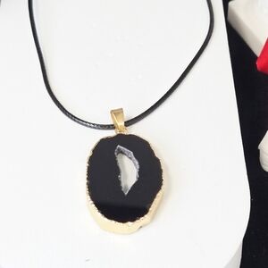 Black Druzy Agate Teardrop Necklace Geode Slice Gold Edge Pendant Dark Romance